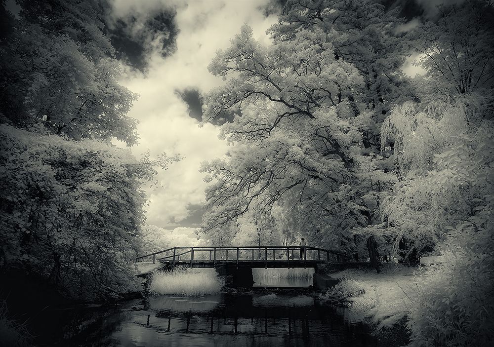 Black-and-white infrared image of small wooden bridge over a creek with a solitary traveler framed by large trees on both sides.