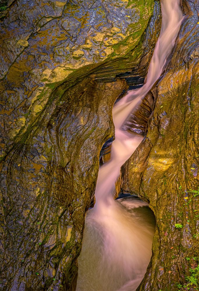 Pink-tinged stream rushing through a narrow rock crevice created by colorful rocks in Watkins Glen State Park, NY.