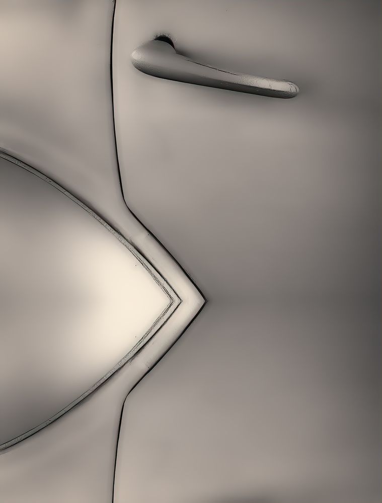 Close-up of the door and handle of a highly-polished gun-metal gray vintage automoble.