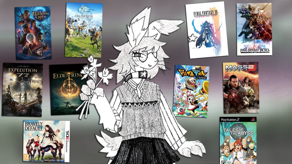 My fursona Paisley, surrounded by 10 video games covers: Baldur's Gate 3, Final Fantasy XIV, Final Fantasy XII, Final Fantasty Tactics, Expedition 33, Elden Ring, Ratatan, Mass Effect 2, Bravely Default, and Tales of the Abyss.