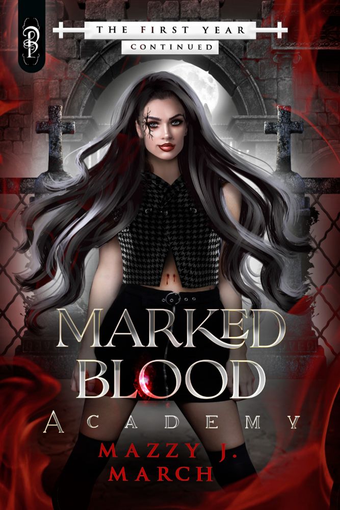 The cover for The First Year Continued by Mazzy J. March shows a young woman with long black hair and wearing a black vest and a black skirt. She has a scar across her eye and fang marks on her neck. Behind her is a gothic-style entrance to a building representing the Marked Blood Academy, with gates around it. There are wisps of red around the edges of the cover.