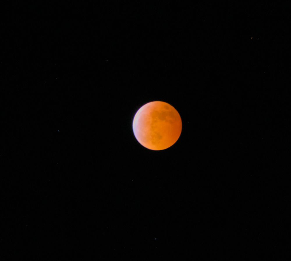 Picture of the red moon during the eclipse with a few stars in the sky.