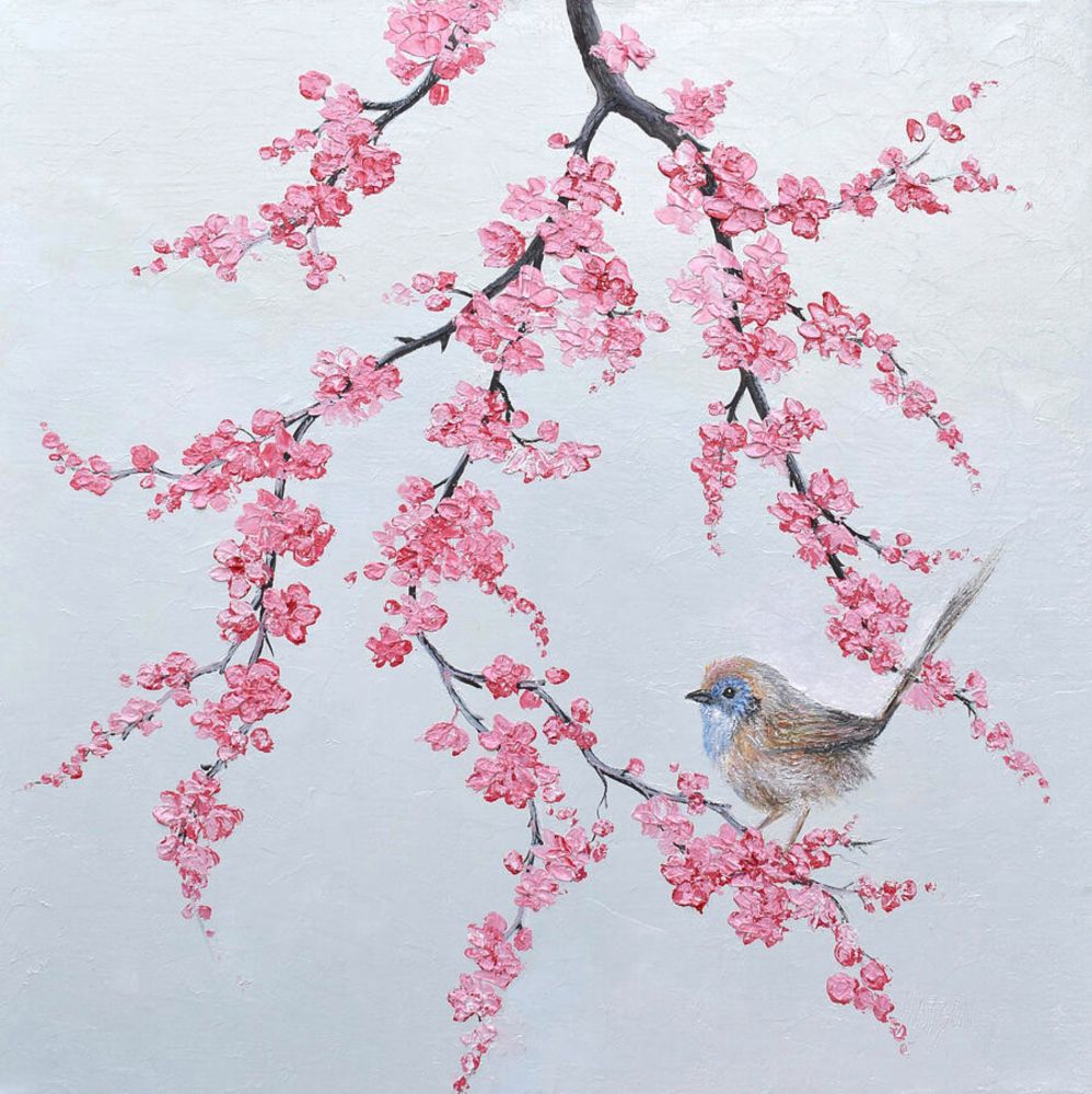 Emu Wren and Cherry Blossom branch by Jan Matson