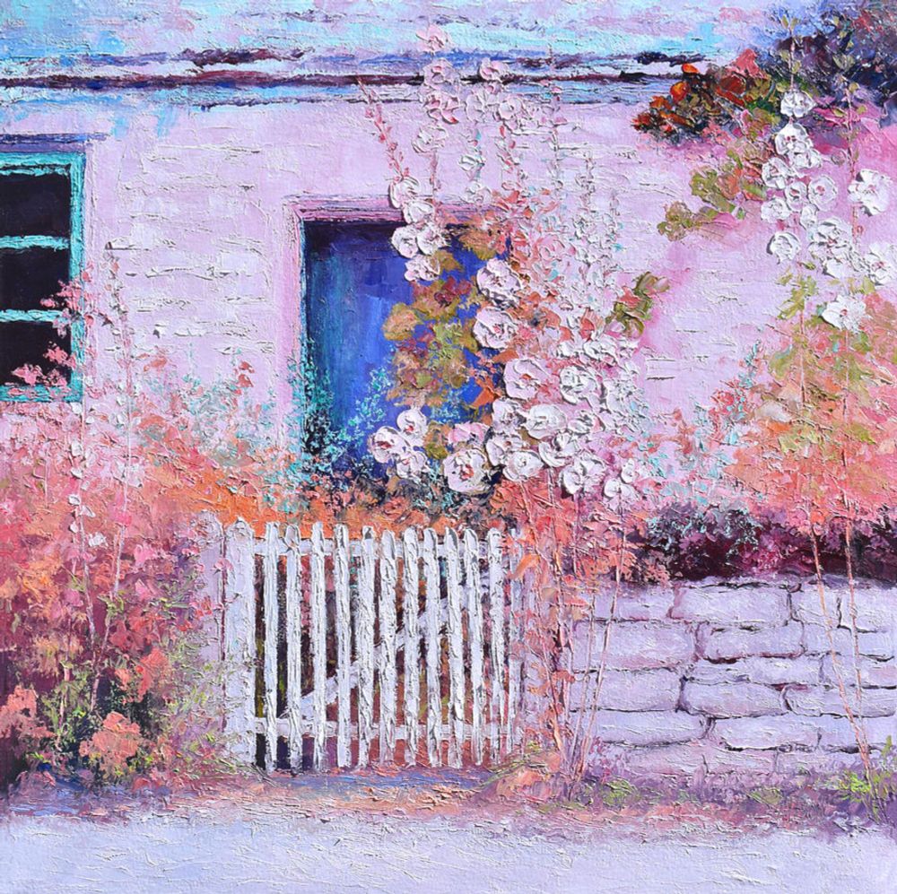 Hollyhocks and a Blue Door - cottage garden painting by Jan Matson