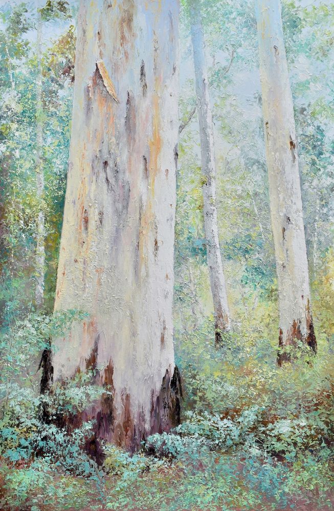 A  vertical , textured oil painting of an Australian gum tree forest. Beneath the gum tree in the foreground, are native ferns.