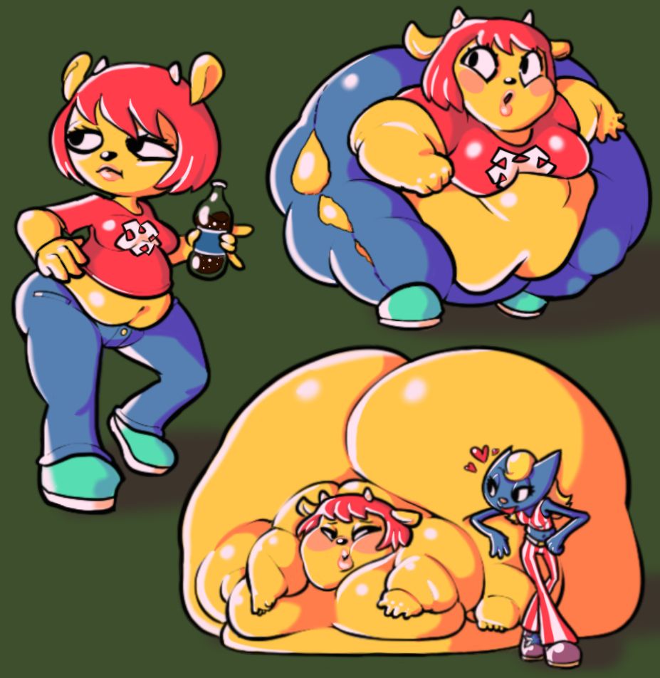 Lammy Lamb from Um Jammer Lammy fattening up into a giant tub of fat thanks to a mysterious soda she drank. Her bandmate Katy Kat comes over to her when she finishes growing, very happy to see her like this.