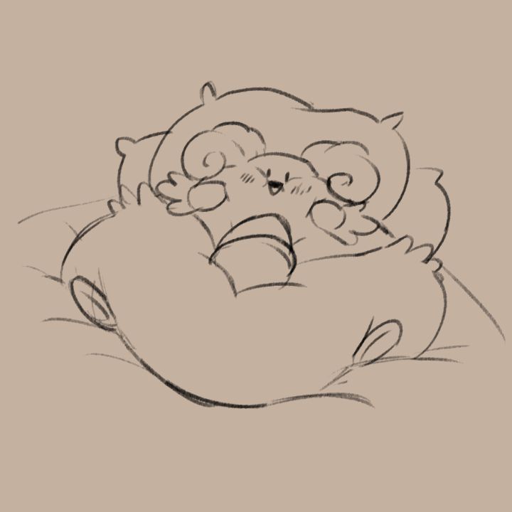 A fat Blissey laying on a bed, who is very happy to see you.