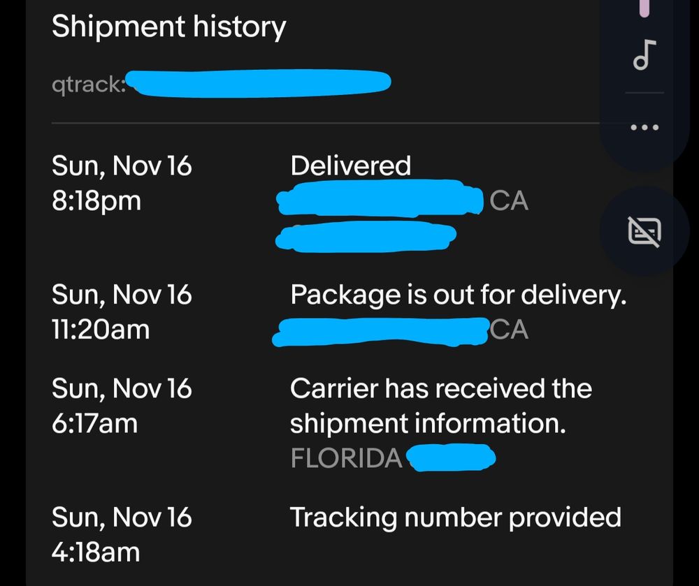 4 AM tracking number created
6 AM dropped off in Florida
11 AM delivering in California
8 PM delivered