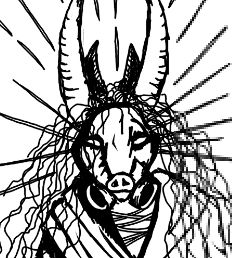 A cropped shot of a character drawing; a figure in a pig/gas mask, four horns on their head and dead hair falling down its shoulders. It's wrapped in robes and wire.