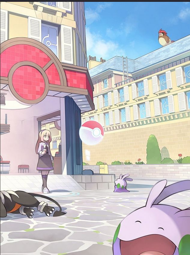 On the streets of Lumiose City, a trainer exits a café holding a coffee. She's looking at a curious little Goomy on the street, as a Houndoom sleeps nearby. A Pidgeotto watches from the closest roof.

A second Goomy jumps into frame from the lower right corner, eyes closed and smiling with a wide open mouth.