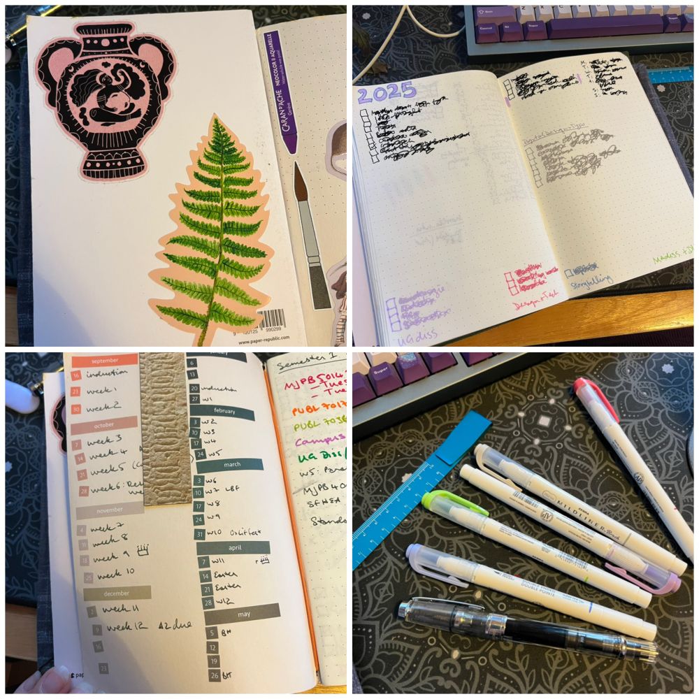 Four pictures: pretty stickers on a notebook; a notebook page spread with colour coded sections and illegible lists of actions; calendar week stickers with semester weeks hand written; pastel brush pens and a fountain pen.