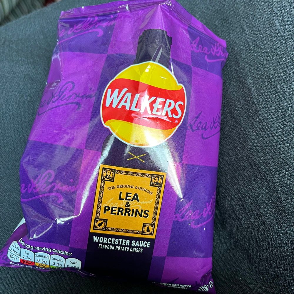Purple crisp packet: Walkers Lea & Perrins Worcester sauce flavour