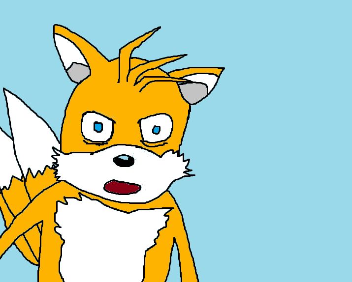 poorly drawn image of Tails the flying Fox with a horrified expression on his face.
