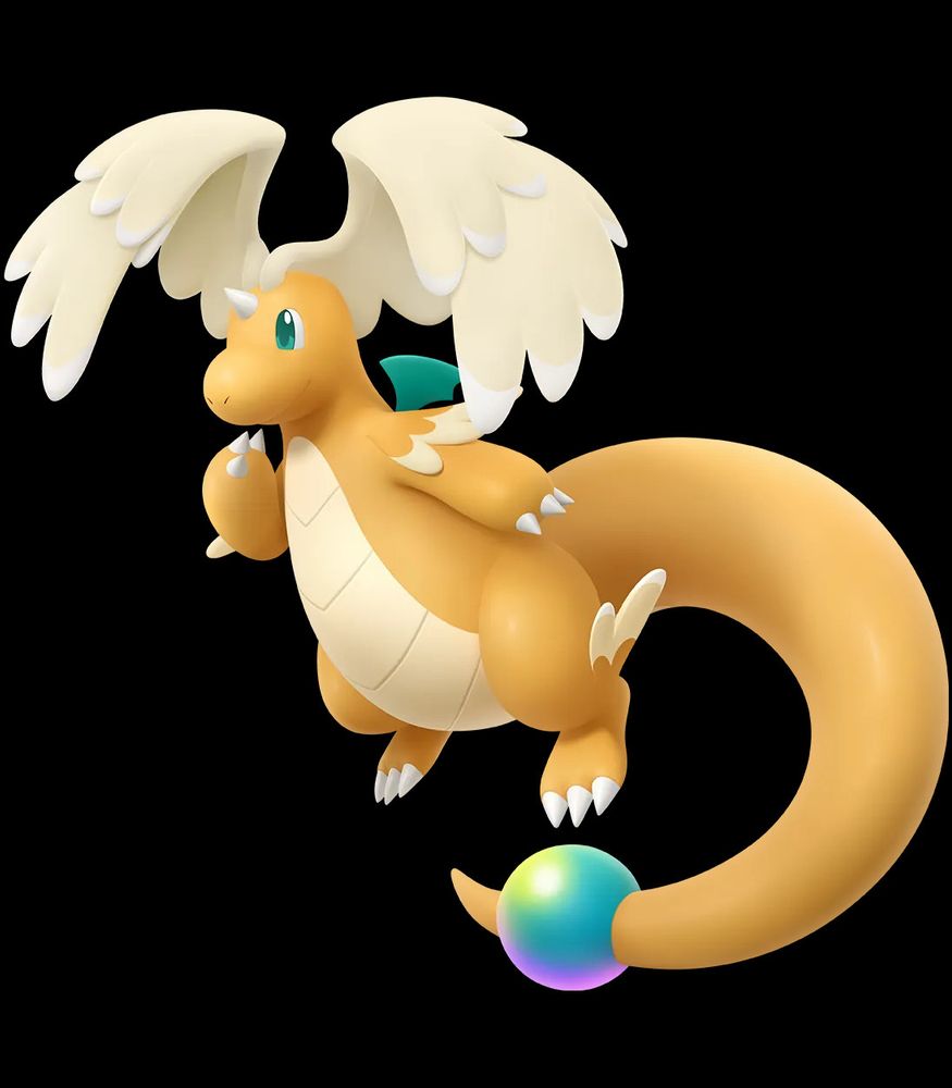 Mega Dragonite from Pokemon Direct. A big friendly looking orange dragon with a long tail that has a prismatic pearl at the end. It has wings coming out of its head that are large and soft. 