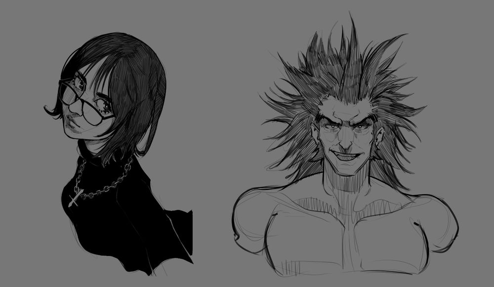 a girl with short hair, wearing black clothes with a turtleneck, glasses and a cross necklace, with a muscular guy with huge hair in the back