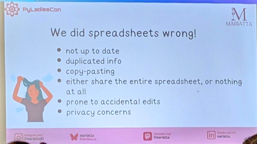 a slide says

We did spreadsheets wrong!

not up to date

duplicated info

copy-pasting

either share the entire spreadsheet, or nothing at all

prone to accidental edits

privacy concerns
