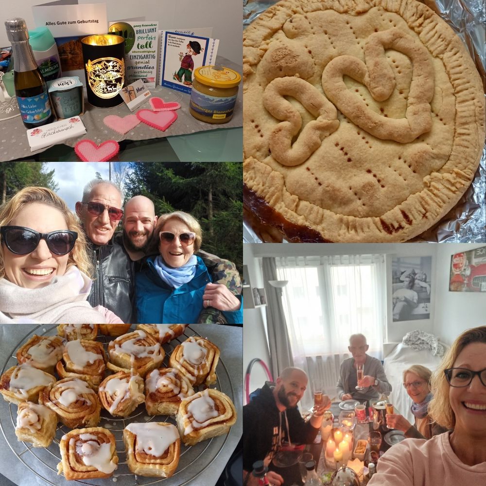 5 kleine Bilder. Auf einem Geburtstagskarten und kleine Geschenke, eine Bündnernusstorte von meinem Mami gemacht, Zimtschnecken von mir und zwei Familienfotos.