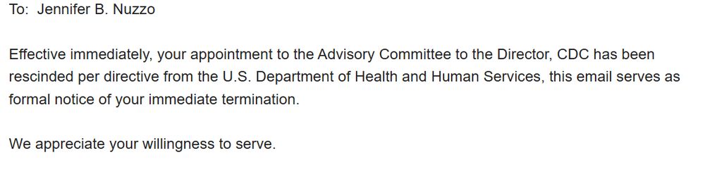 Termination letter for appointment to the Advisory Committee to the Director, CDC. 