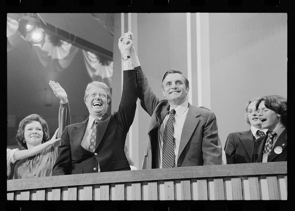 A photo of Georgia Governor Jimmy Carter and Minnesota Senator Walter Mondale at the DNC in July 1976.