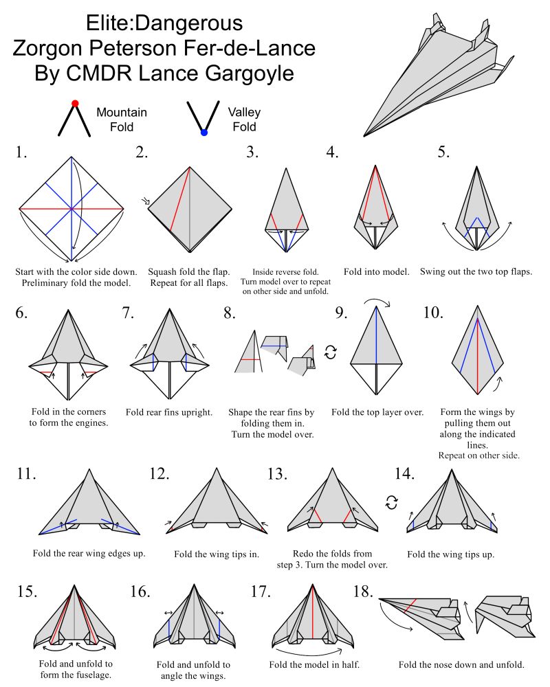 Step-by-step instructions on folding an origami version of the Fer-de-Lance space ship from Elite: Dangerous