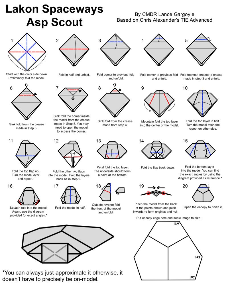 Step-by-step instructions on folding an origami version of the Asp Scout space ship from Elite: Dangerous