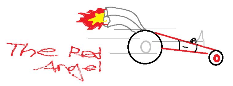 A microsoft paint drawing of a thin red car with massive tail pipes. Fire is exploding out the back. Roughly written next to it are the words 'The Red Angel'. Truly a masterpiece.