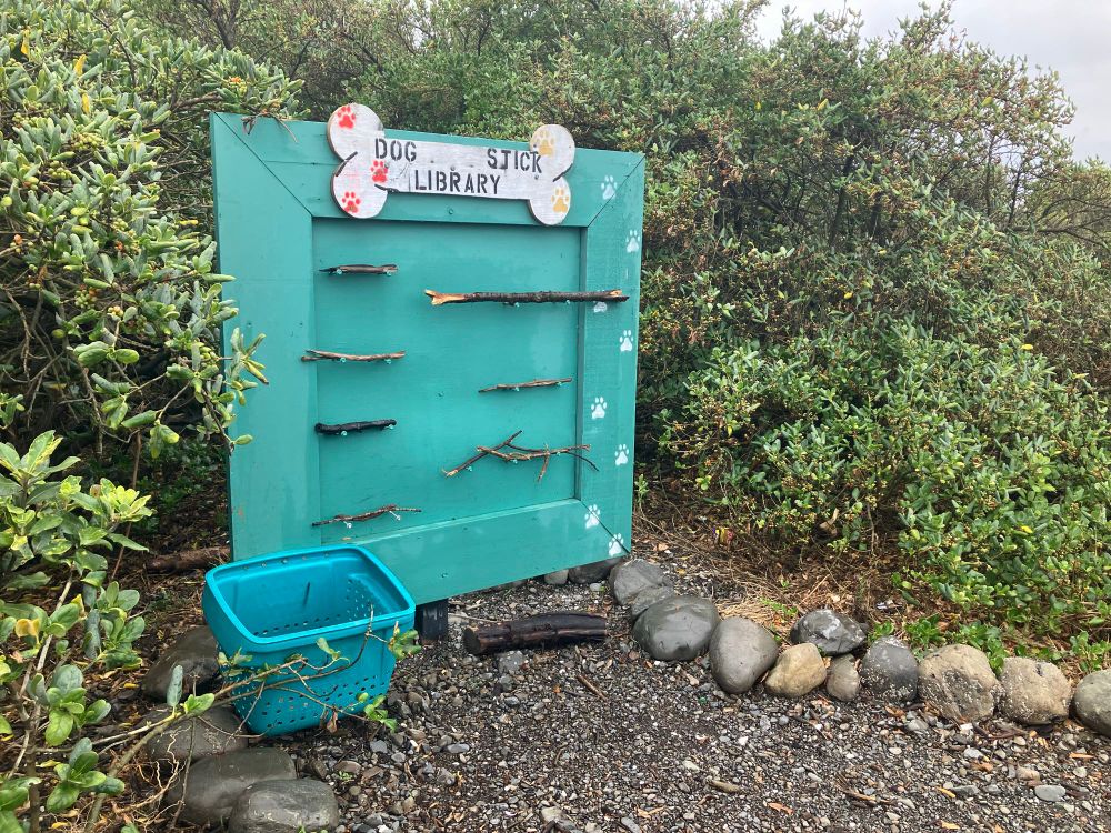 A “Dog Stick Library” at a beach. It’s a square green sign, about 1.5m tall, with seven sticks sitting on shelves made of nails, for dogs to “borrow” during their walks. 