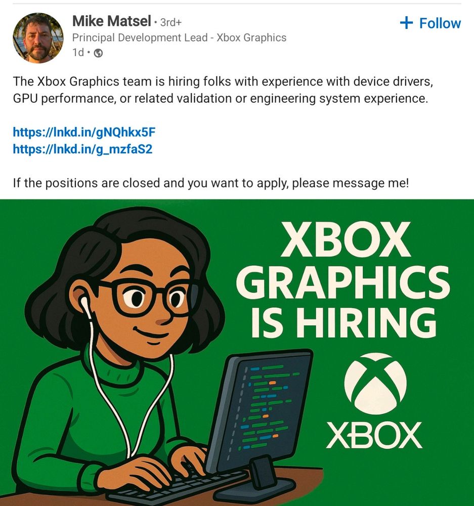 Un post (très certainement LinkedIn) de Mike Matsel, "PRINCIPLE DEVELOPPEMENT LEAD" de Xboxgraphics.

L'image utilisée montre une femme tapant au clavier et regardant un écran qui lui fait dos (oui l'écran est retourné) 
