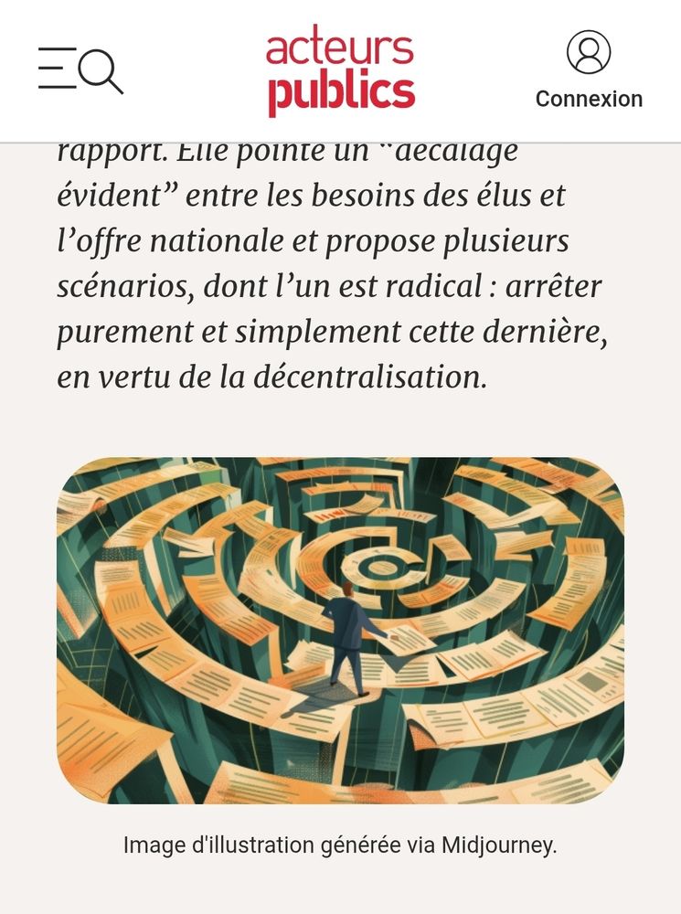 Capture d'écran d'un article du site de ACTEURS PUBLIC qui montre une image généré par IA (avec la mention indiquant qu'elle a été faite par Midjourney) 