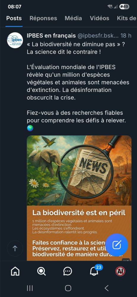 Screenshot du post original de L'IPBES FRANCE, ça parle de biodiversité et d'espècescqui disparaissent, une image générée par ia montre un éléphant et un oiseau dans un environnement luxuriant d'un côté et un monde apocalyptique de l'autre dans lequel une loupe fait Le focus que un papier titrant "news" le papier est déchiré, la loupe est brisée, ça fait très très peur 