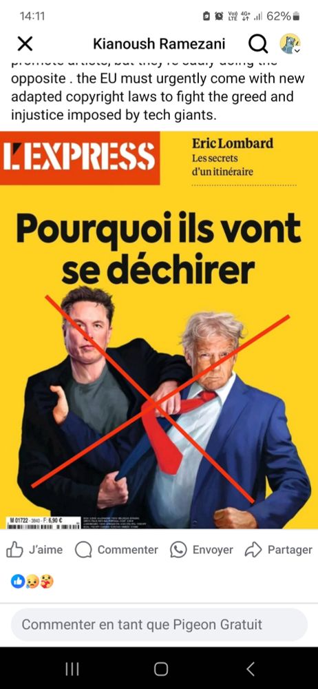La couverture de l'express, suf fon jaune on vois une image générée par ia de Trump et Musk en train de se battre 