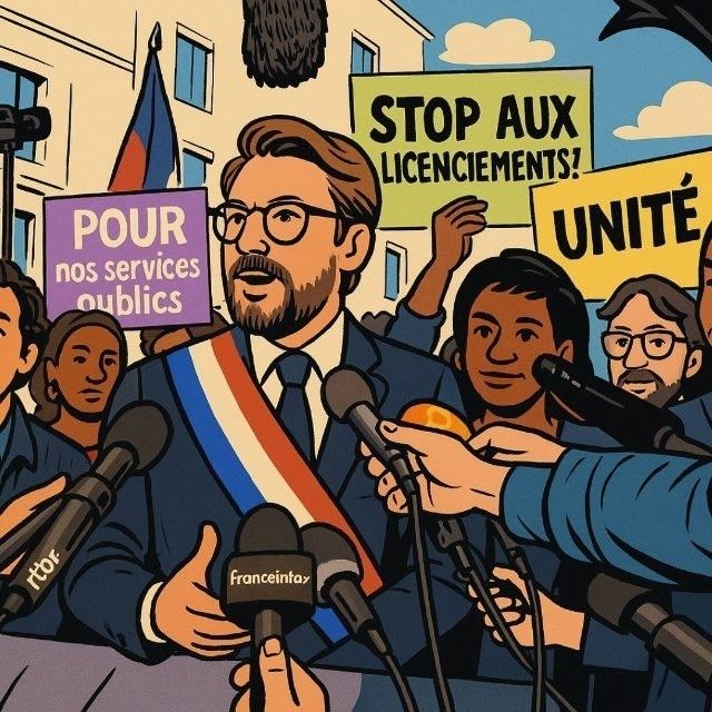 La même image en plus grand, on y vois un avatar de Benjamin Lucas, écharpe tricolore en travers du torse, répondre à des micro tendu par des main qui parfois ne tiennent pas le micro, se démultiplient dans les manches etc. Autour de lui des personnages ont des oreilles sur-numérisés et une pancarte dit "stop au licenciement !" 