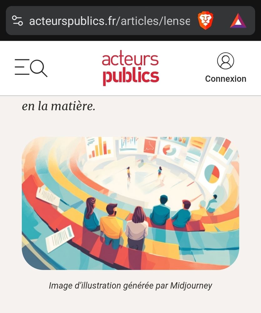 Capture d'écran d'un article du site de ACTEURS PUBLIC qui montre une image généré par IA (avec la mention indiquant qu'elle a été faite par Midjourney) 