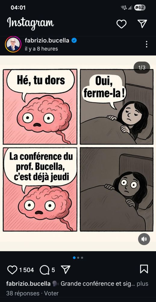 Capture d'écran instagram dans laquelle on voit le même du cerveau qui demande "hey tu dors" pour annoncer une conférence de Bucella, cependant l'image a été recrée par IA alors qu'il suffisait juste de changer le texte de l'original 
