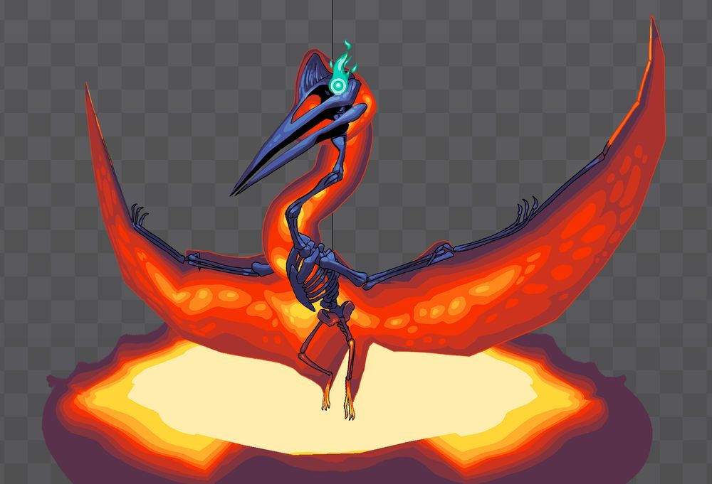 Screenshot of an open Spine document depicting a great, horrible quetzalcoatlus northropi (giant pterosaur) lightly and delicately descending from on high over the maw of a brightly-lit volcanic surface. The pterosaur has been drawn in a cel-shaded 2D style with bones of blue volcanic rock, a membrane and flesh made out of bubbling orange lava, and a great eye lit with green fire magic. Quetzalcoatlus has long wings typically made of skin flaps and it has an unusually long, crooked neck for a pterosaur. This one's wings are outstretched like a ballerina's arms just as she lands a difficult jump with grace.