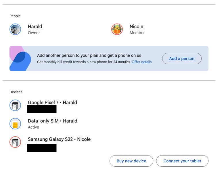 Screenshot from the devices page on the Google Fi website, showing two cell phones and a data-only SIM. 