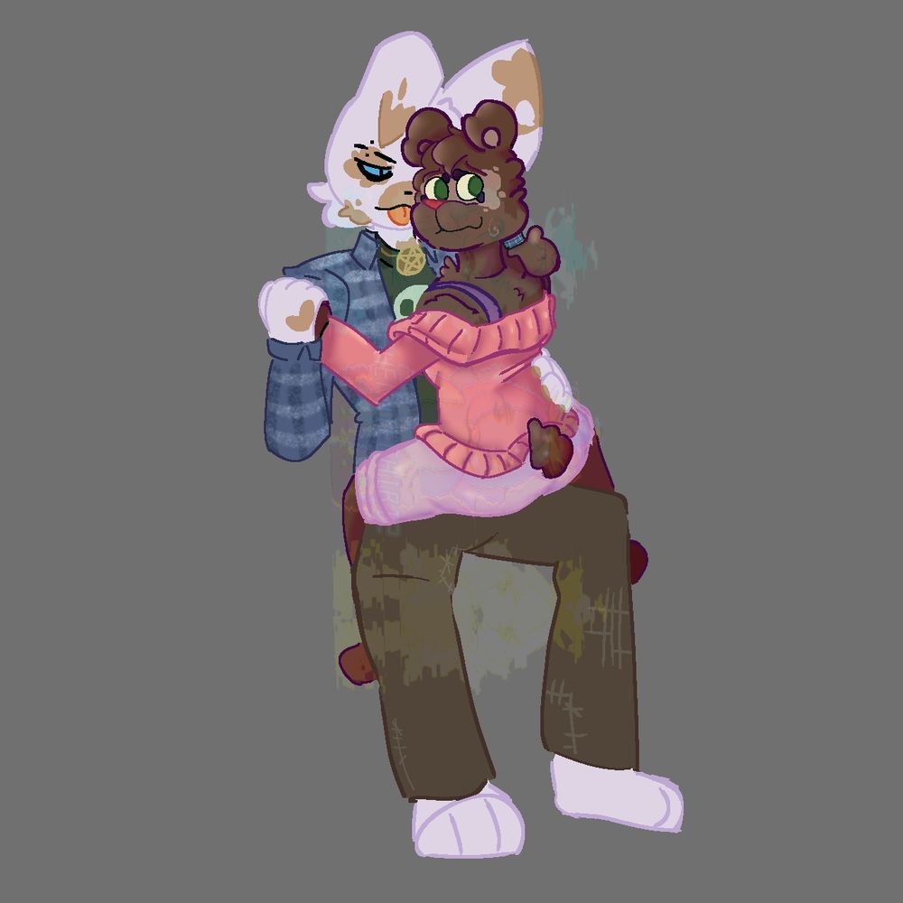 Two furries sitting together, one is a bear and the other a bunny.
The bear is sitting on the bunny's lap while looking away quite nervous, hoping to not be caught. She wears pastel pink pants, has her hair in a low ponytail, and wears a pink sweater.
The bunny is looking at the bear, pretending to look intimidating while having her tongue out. Her fur is white with brown spots on her ears, right eye, bottom right jaw and right hand. The spot on her right hand is shaped like a heart. The bear hand is in the bunny hand.
The bunny has a green shirt with a skull drawn on it, on top of that she uses a flannel shirt. Wears some old green pants that are patched up.
The eye color of the bunny is a light blue, while the bear's eye color is green.