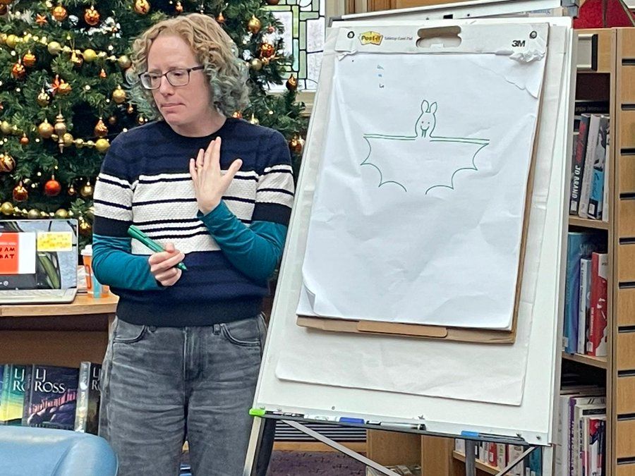 An author/illustrator delivering a children's craft session in a library.