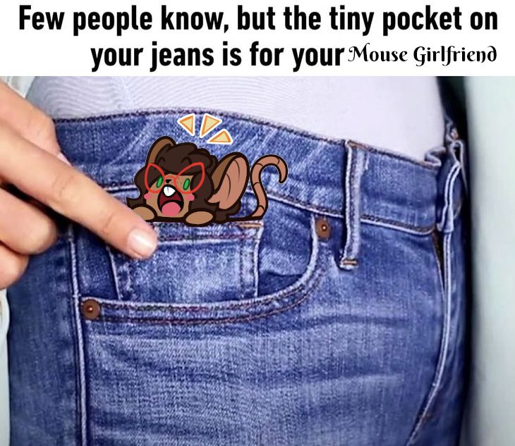 Image: A side view of a pair of jeans with the wearer pointing at the small pocket inside the main pocket. The small pocket has a cartoon mouse with glasses peaking out of it. She looks to be squeaking.

Text: "Few people know, but the tiny pocket on your jeans is for your Mouse Girlfriend"
