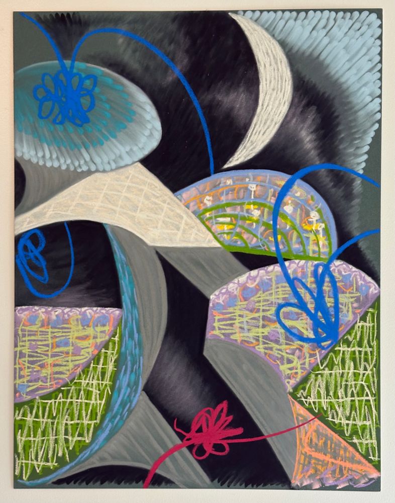 Chalk pastel drawing of the mysteries of the night with a crescent moon and ambiguous forms