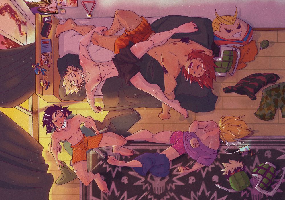Digital illustration of the boys from the BakuSquad in Bakugo's room from above. The light is warm, the boys are all stripped down to their boxers from the heat. Eijiro is upside down on the bed, drooling. Katsuki has his leg kicked over him, and his arms stretched out, a smile on his face. Hanta is melting in the desk chair, a smile on his face, while Denki lays face down in a skull rug, drooling and tangled in  his shorts and top. Given up the battle to undress proper. Clothes are scattered on the floor, the room decorated in All Might.