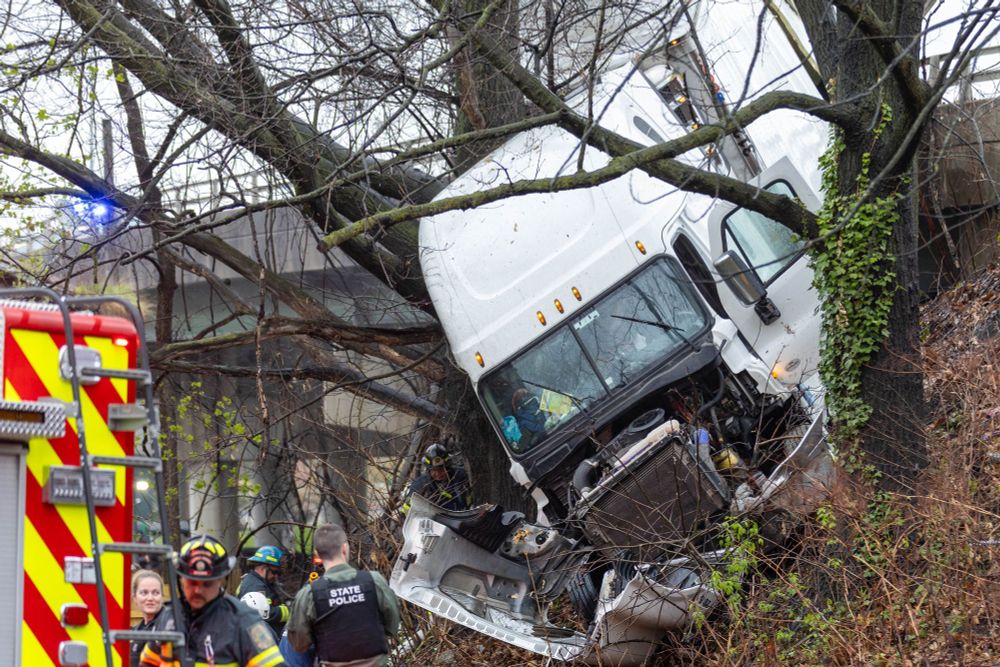 The damaged cab of a semi-trailer rests between trees after crashing off the interstate.