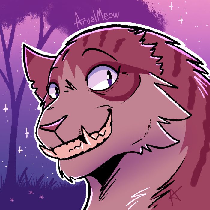 Cartoon cat named Bluegill. She is a senior red tabby cat with an underbite, large white eyes, and she is missing an ear. She is smiling with a very toothy grin. The background is a blue and pink gradient sky with white stars, and purple grass and a purple tree.