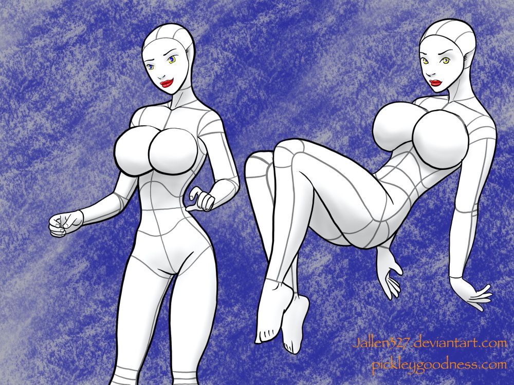 White robot girl with black lines on her skin and yellow eyes with large breasts, in a couple poses. 