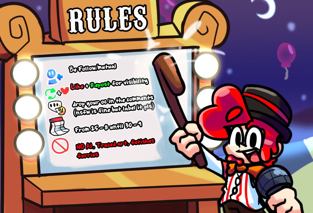 artraffle rules:

🙍Be Follow/mutual

❤️ + 🔁 for visibility

drop your oc in the comments
(🔞 nsfw is fine but label it pls)

⏰From 25 - 8 until 30 - 9

🚫NO AI, Traced art, fetishes and furries