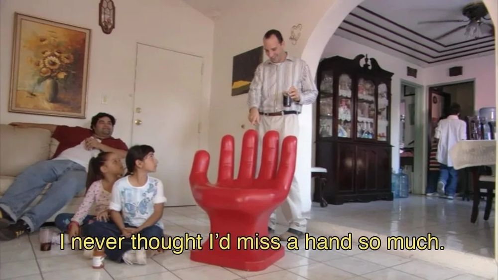 Buster looking at a hand chair and saying "I never thought I'd miss a hand so much."