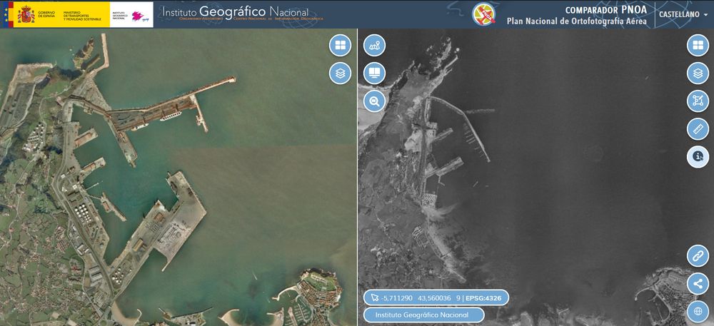 Mapa de la zona del Musel en 2009 (izquierda) y 1957 (derecha) (Fuente: visor histórico del pnoa).
Map of Musel zone in 2009 (left) and 1957 (right) (Source: PNOA's historical viewer).