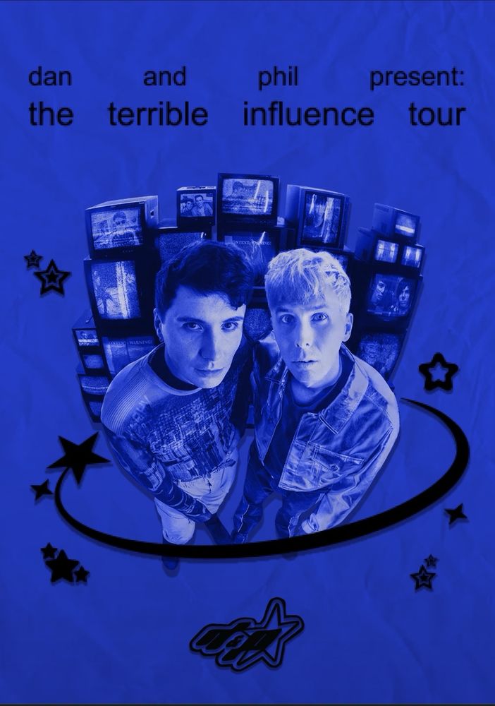 brat inspired tit blue design featuring dan and phil with tvs behind them, with a text at the top reading “dan and phil present: the terrible influence tour”