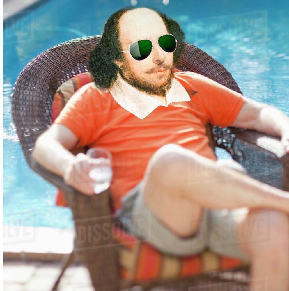 Guy with Shakespeare’s head and sunglasses sitting by a pool drinking