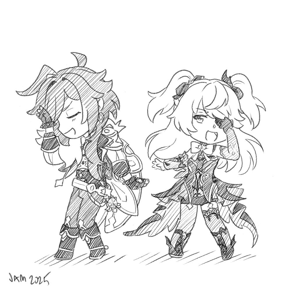 Digital pencil drawing of chibi Kaeya and Fischl. Fischl is doing one of her regular dramatic poses, while Kaeya is turned towards the left doing and equally dramatic post.